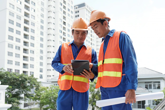 Civil engineers checking data tablet 1098 21099