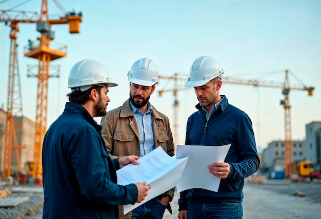 Construction engineers reviewing plans 23 2151933404