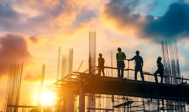 Construction worker wearing yellow hard hat safety vest is working building 548646 137353