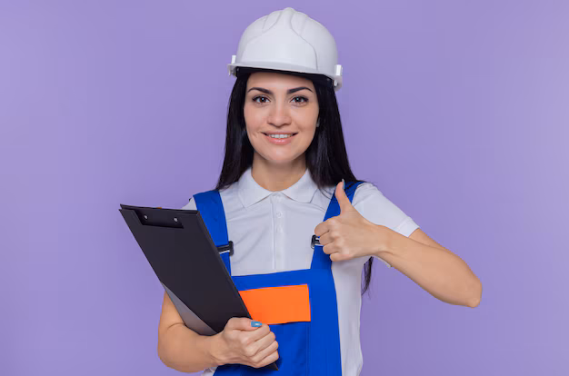 Young builder woman construction uniform safety helmet holding clipboard 141793 62108